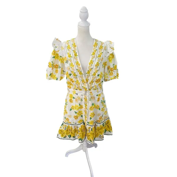 FARM Rio Azaleia Mini Dress M Yellow Floral Cotton Puff Sleeve V-Neck Missing Be - Image 4