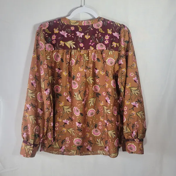 Loft Mixed Media Floral Yoke Blouse M Long Sleeve Split Neck Boho Cottagecore - Image 2