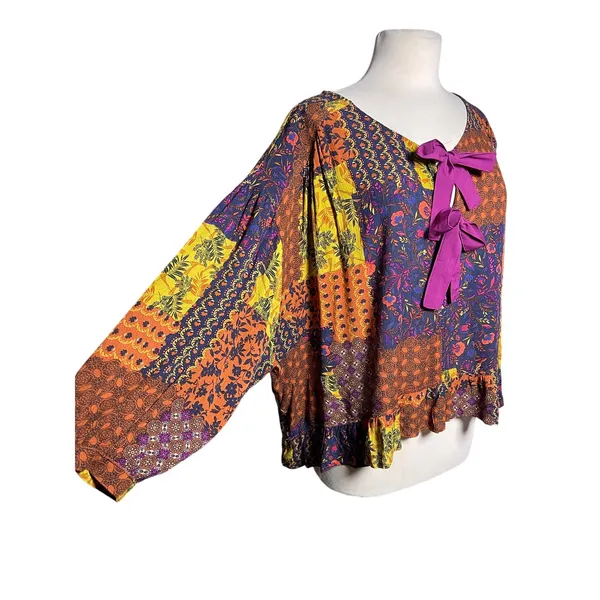 NWT EASEL Women’s Boho Tie Front Mixed Floral Paisley Print Top - Image 2
