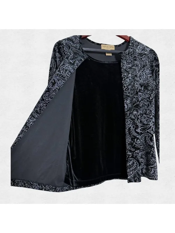 Notations Vintage Black Velvet Glitter Paisley Long Sleeve Top Petite Medium Whimsigoth - Image 3