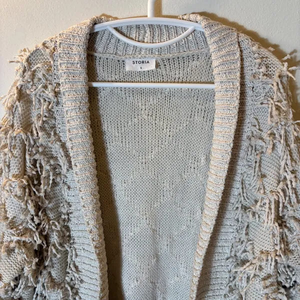 Storia Shaggy‎ Fringe Knit Cardigan Sweater Oatmeal Beige Size Small - Image 2