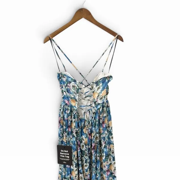 Lulus Aleyna Blue Multi Abstract Pleated Lace-Up Bustier Midi Dress size L NWT - Image 7