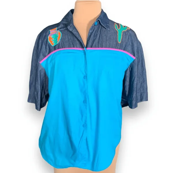 Vintage 90s Southwestern Appliqué Denim Button‎ Up Shirt Gaucho Pants Set Medium - Image 3