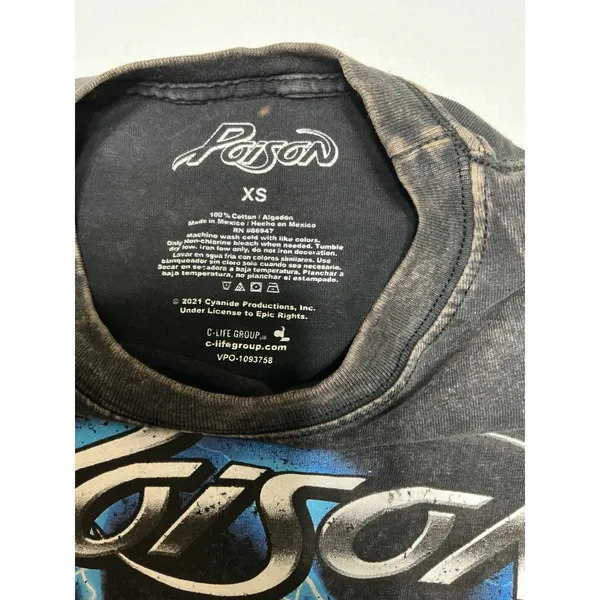 Poison Band T Shirt XS Skull Roses Lightning Mineral Wash Rock Metal Tee Black - Image 3
