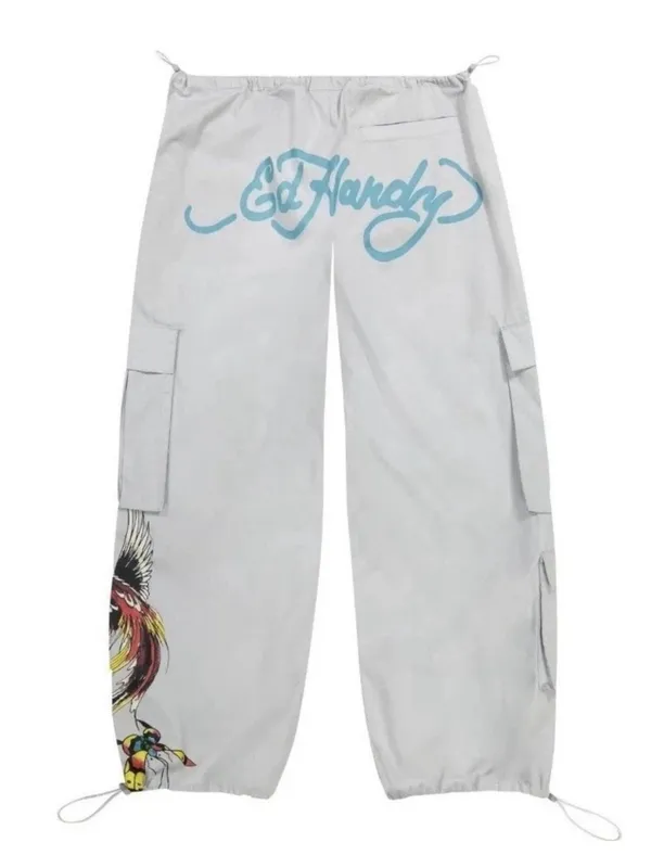 NWT Ed Hardy Drawstring Cargo Pants Grey Low Rise Butterflies Phoenix Graphic M - Image 5
