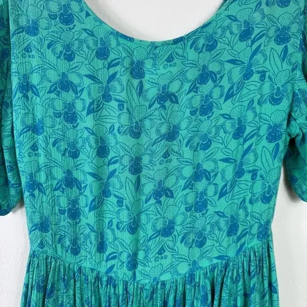 Vintage Done Down Under Aqua Teal Floral Button Front Tie Back Midi Dress Size S - Image 3