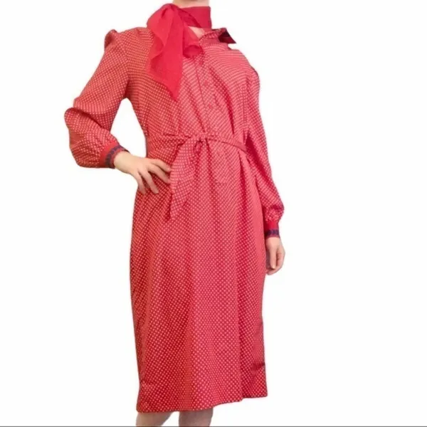 Vintage Abe Schrader Sport Red White Polka-Dot Belted Midi Shirt Dress - Image 11