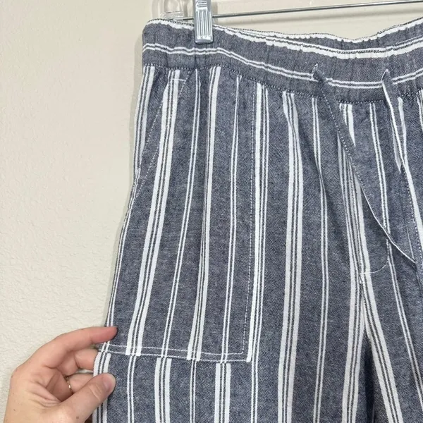 Gap Women's Medium Blue White Striped Linen Blend Wide Leg Drawstring Pants - Image 4
