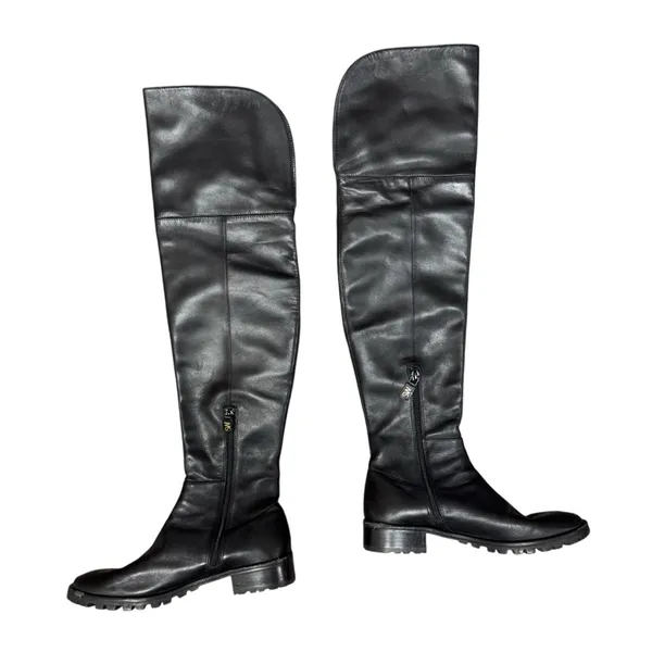 Stuart Weitzman Leather Over the Knee OTK Round Toe Flat Boots Black 7 - Image 2