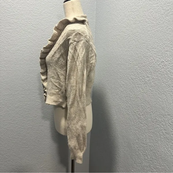 Industry L Cream Ruffle Cardigan Feminine Office Chic Quiet Luxury Sweater - Image 4