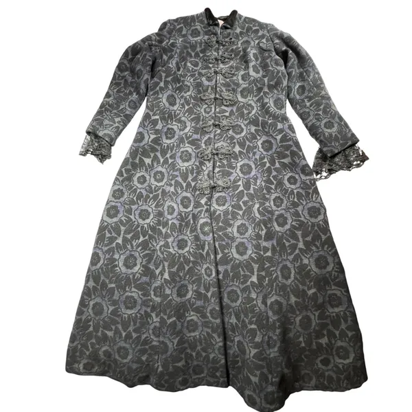 Custom Black Jacquard Long Coat Womens Medium Goth Wool Maxi Overcoat Witchy VTG - Image 12