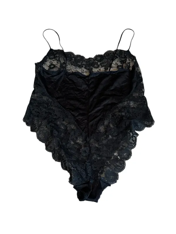 Vintage 80s Black Silky Nylon & Lace Teddy Lingerie Dark Romantic Cottagecore - Image 8