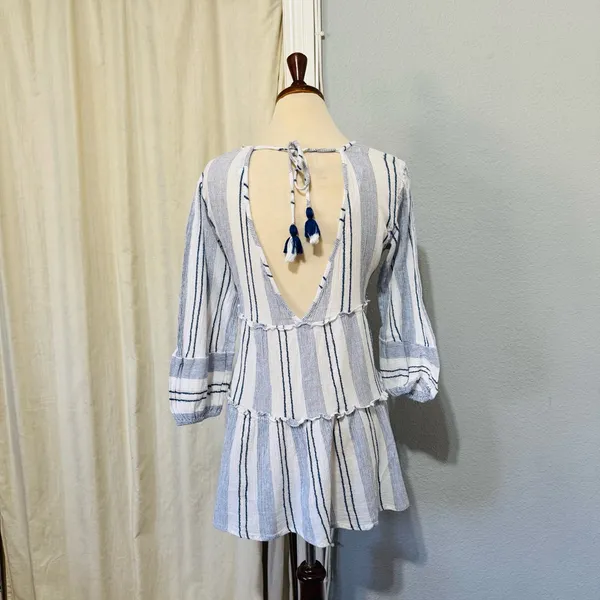 Blue Island‎ Women Boho Swim Cover Up Blue/White/Stripe Long Bell Sleeve Sz S - Image 14