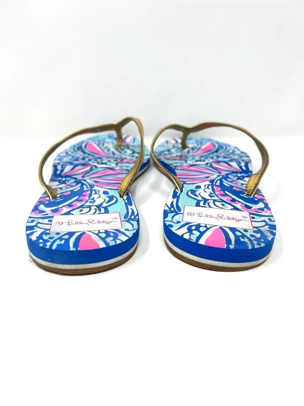 Lilly Pulitzer Coastal Blue Pink Print Gold Metallic Strap Flip Flops 9.5 - Image 5