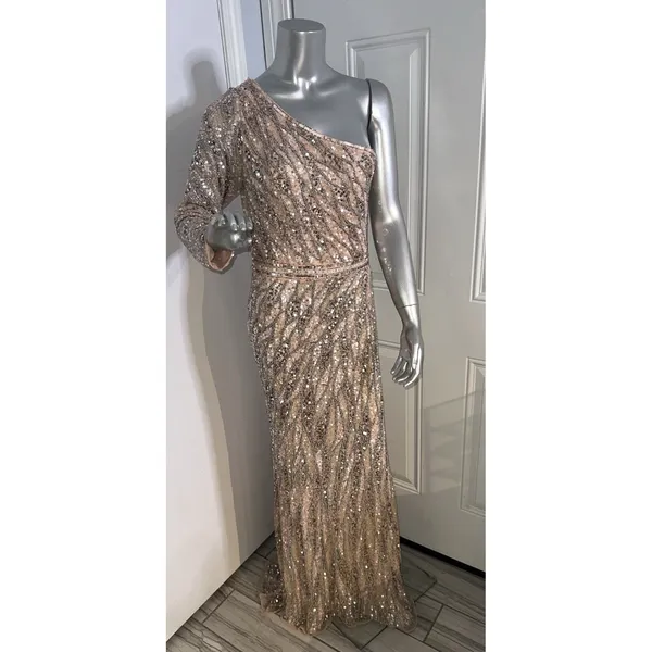 MAC DUGGAL 4982 EMBELLISHED ONE SLEEVE W/ SEQUIN BELT ROSE GOLD GOWN sz 8 - Image 15