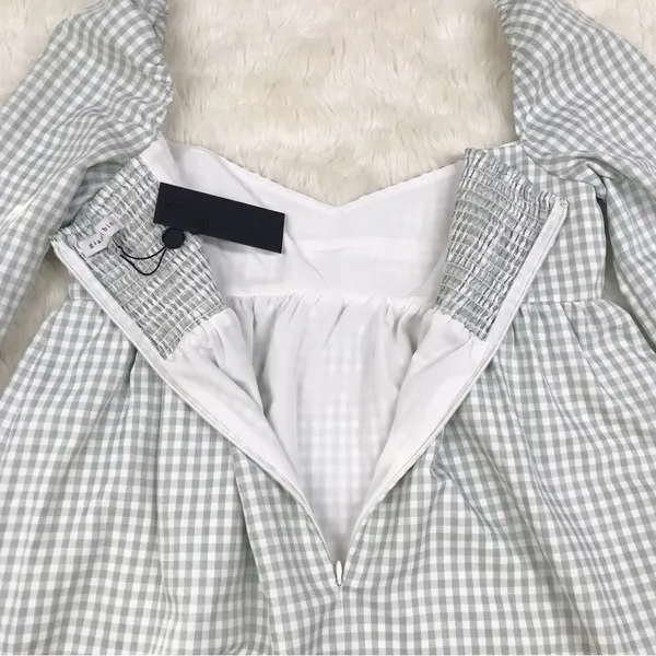 GIANNI BINI Green Gingham Mini‎ Peasant Dress Long Sleeves Low Cut Size 8 New - Image 11