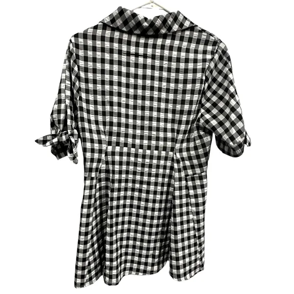 Kate Lily Gingham Short Tie Sleeve Button Up Tunic Blouse Black White Womens 8 - Image 8