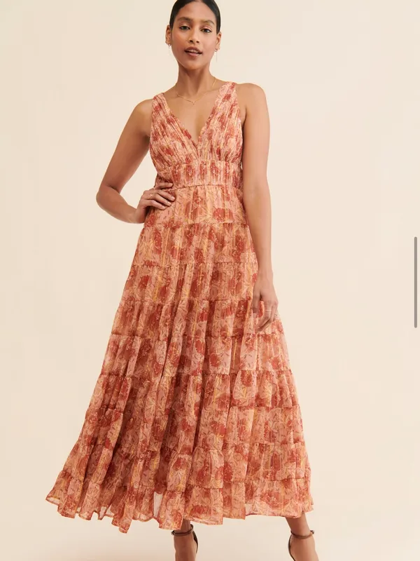 Let Me Be Floral Jacquard Tiered Maxi Dress in Rust-Pink - Image 4