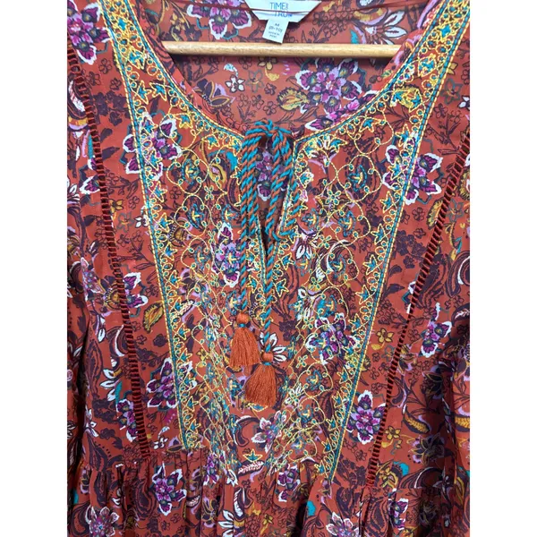 Time And Tru Orange‎ Embroidered Boho Tie Neck Shift Dress Size Medium - Image 3