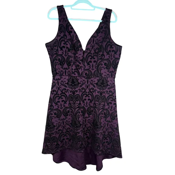 Maurices Damask Velvet Flocked High Low Dress XL Purple Cocktail Dark Romantic - Image 2