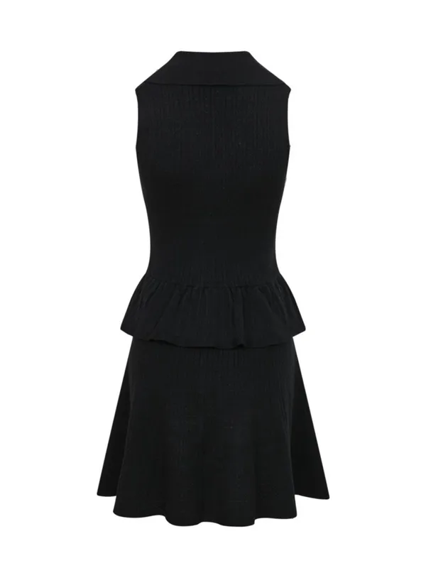 Black Tweed Mini Dress | Gold Button Sleeveless Peplum | Chic Luxury L - Image 4
