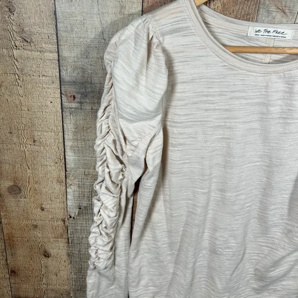 Free People We The Free Natasha Ruched Sleeve Top Small Beige Slub Knit - Image 4
