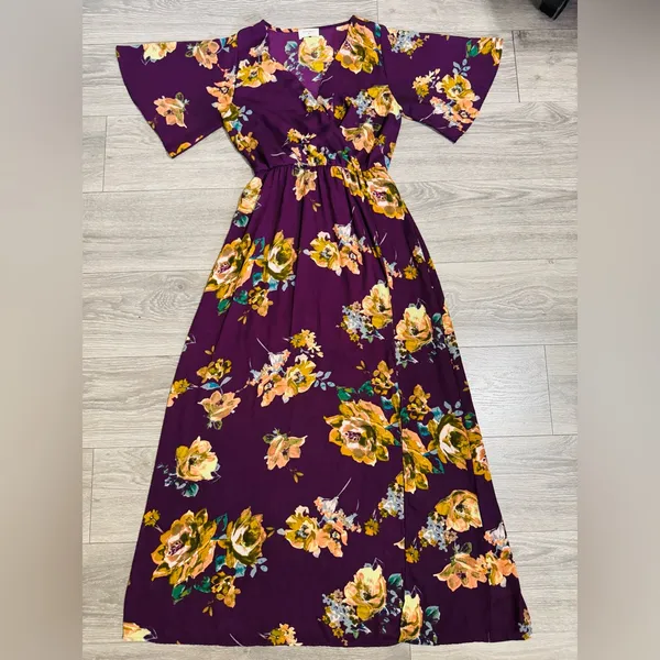 Everly Women Purple Floral V-Neck Side Slit Maxi Dress Size S‎ - Image 7