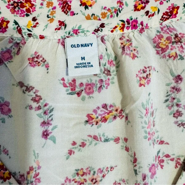 Old Navy Women Cream Pink Floral V-Neck Semi Flared Sleeves Relaxed Fit Blouse M - Image 9