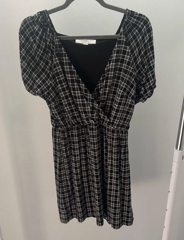 LOFT Black and White Plaid Surplice Dress - Image 3