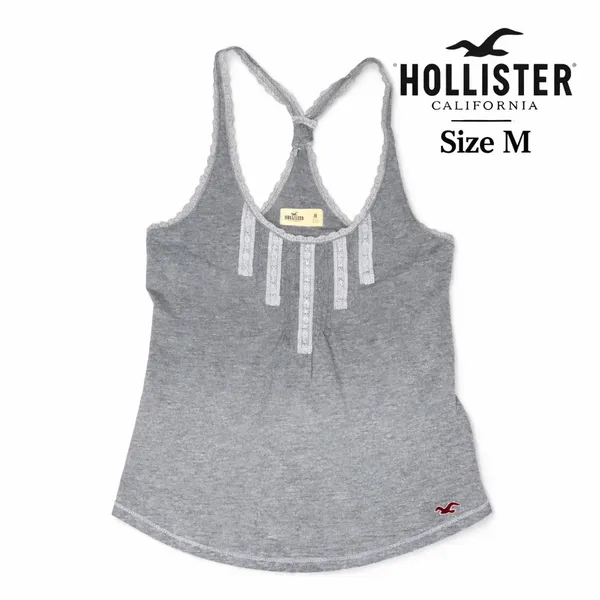 Hollister Womens Y2K Grey Lace Trim Racerback Tank Size M Heathered Cotton - Image 2