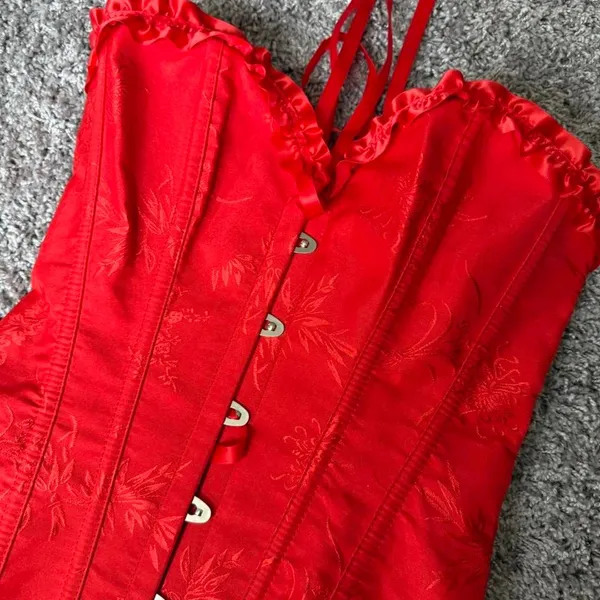 Red corset top with subtle floral embroidery - Image 7