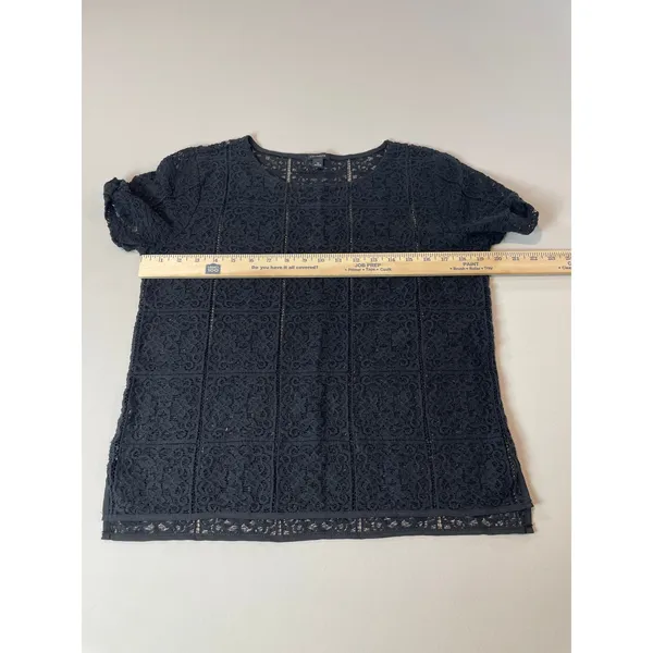 Ann Taylor Sheer Lace High‑Low Short Sleeve Top Size M Black Cotton - Image 6