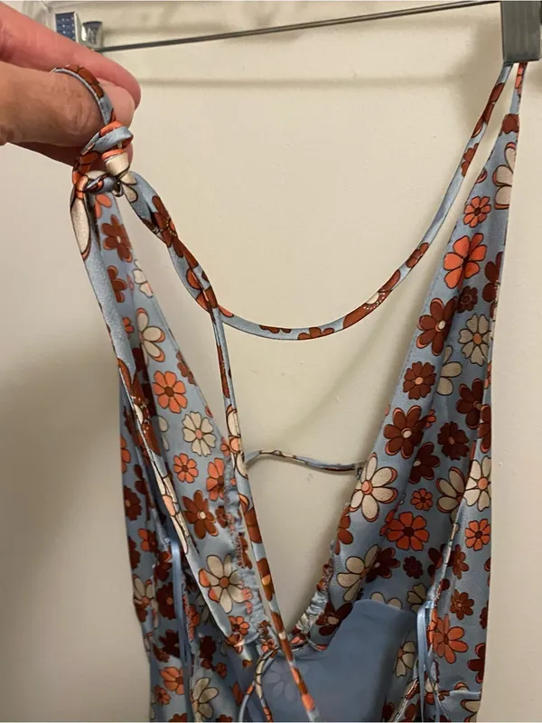 Cotton Candy LA Maxi Halter Slip Dress M Satin Blue Brown Floral Hippie Boho Vtg - Image 8