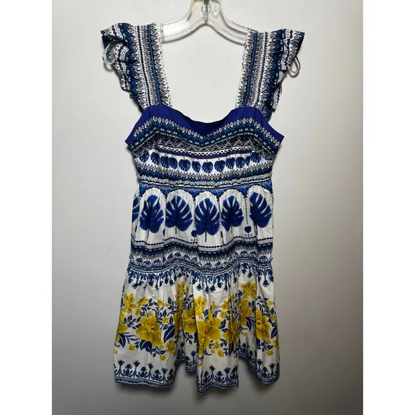 Farm Rio Blue White Tropical Floral Print Ruffle Mini Romper Size Small S - Image 2