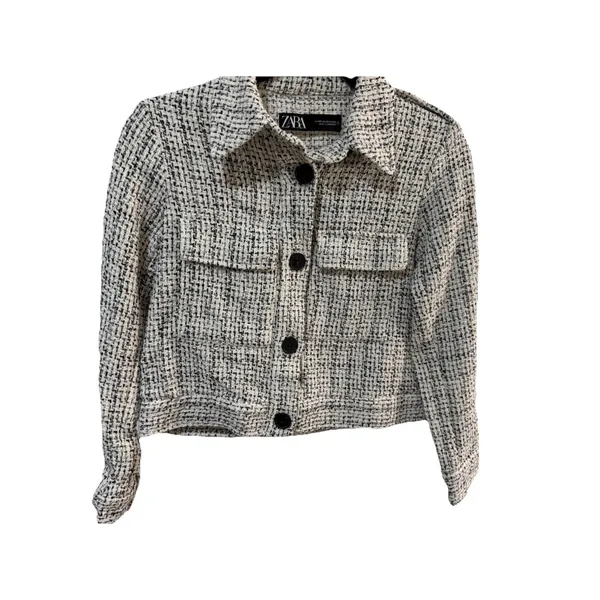 Zara Women's Black/White Tweed Pattern Button Front Collared Pocket Jacket, XS - Image 7