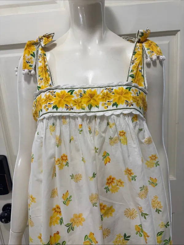 FARM Rio 100% Cotton Azaleia Yellow Floral Tie Straps Mini Dress Size Large - Image 4