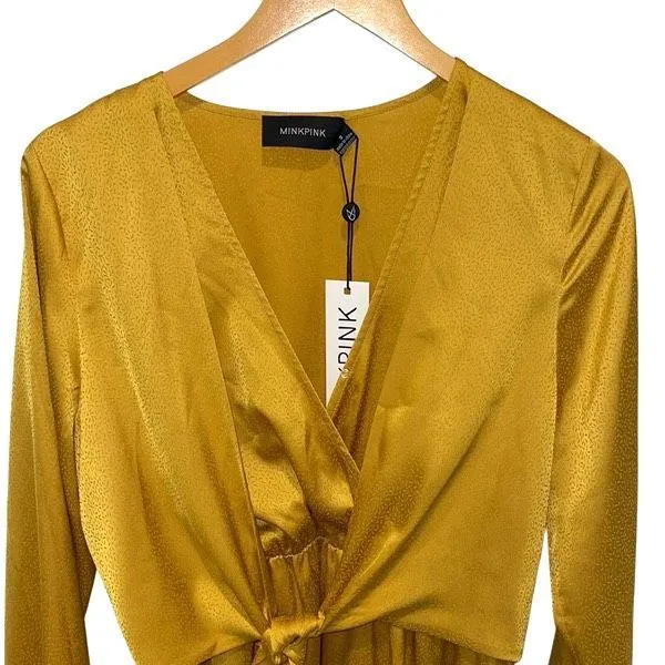 MINKPINK Womens V-Neck Bell Sleeve Tie Wrap Front Mini Dress Marigold Small NWT‎ - Image 3
