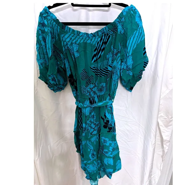 Boho Flowy‎ Dress 16 Teal Floral Cottagecore Romantic Tiered Belted Coastal Chic - Image 3