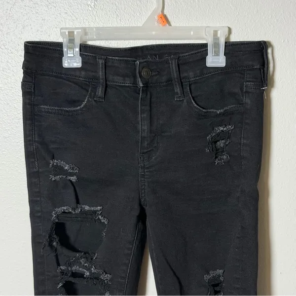 American Eagle Women Black Distressed Level Stretch Denim Jegging‎ Jean 4XShort - Image 4