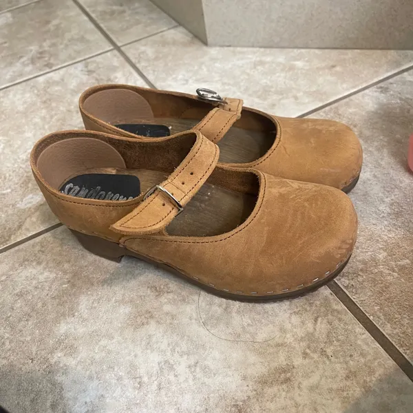 Sandgrens Swedish Wooden Mary Jane Clogs Tan Leather Sz 36/5-5.5 USA Handcrafted - Image 4
