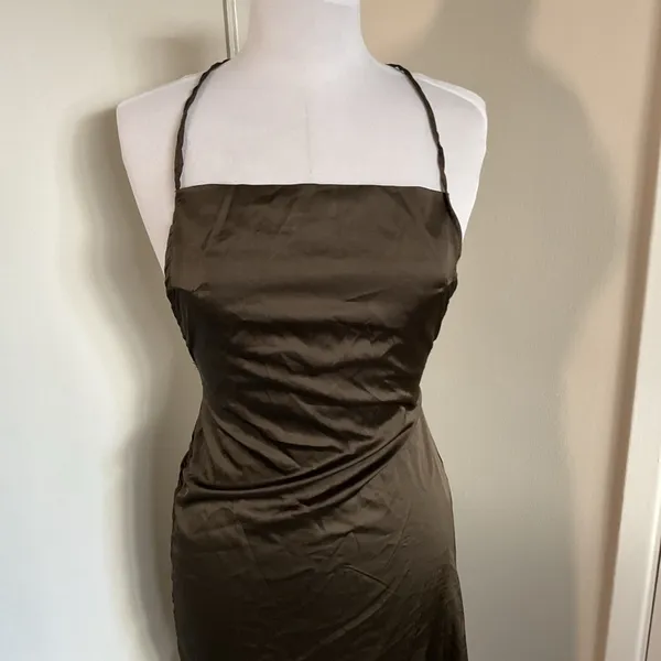 CBR Brown Satin Halter Backless Dress Side Tie Asymmetrical Medium - Image 3