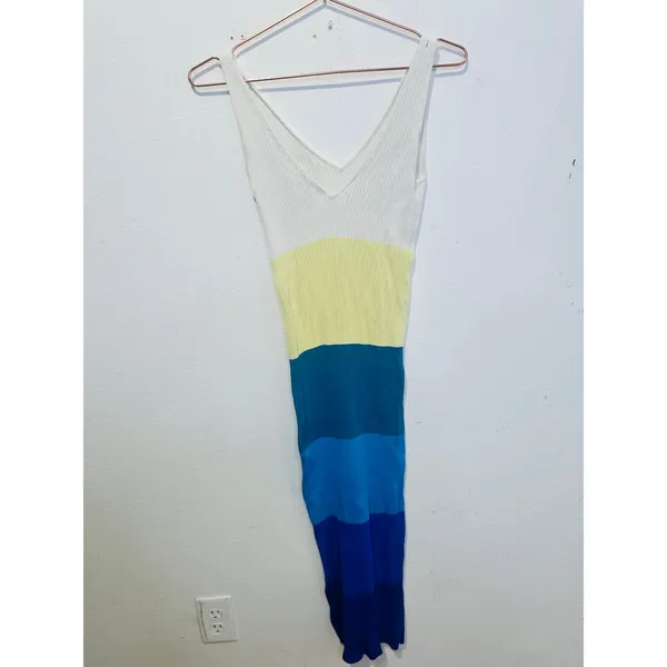 STAUD Blue White Colorblock Stripe Sleeveless V-Neck Dana Midi Dress Size Small - Image 6