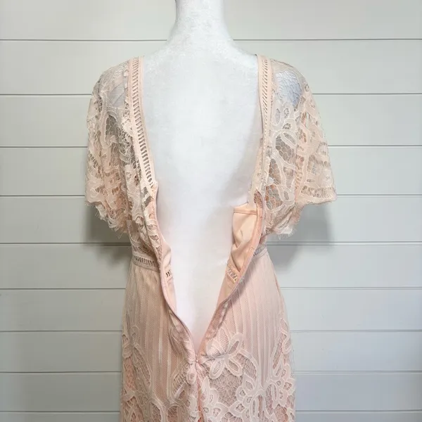 Boohoo Peach Lace Mini Dress Size‎ 10 V-Neck Sheer Sleeve Romantic - Image 6