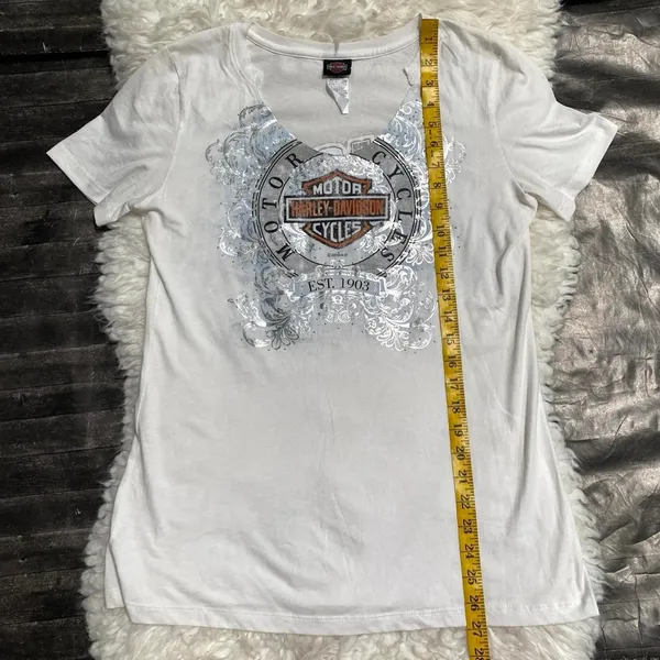 Harley Davidson White Graphic Tee Shirt Silver Floral Print Big Barn Carnival - Image 7