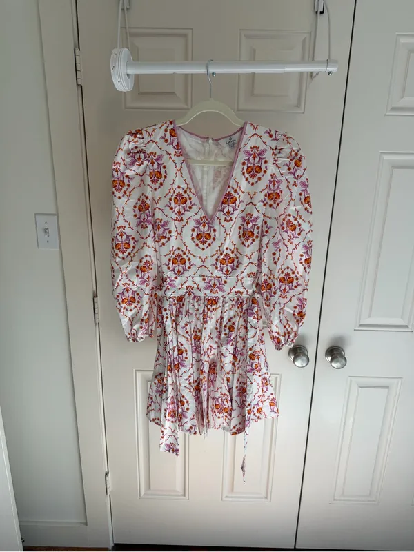 LaRoque Floral V-Neck Dress in White with Pink & Orange Print | Printed - Image 6