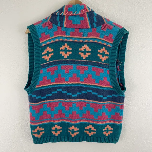 Vintage 90s Teal Blue Pink Southwestern Aztec Button Up Sweater Vest - Image 9