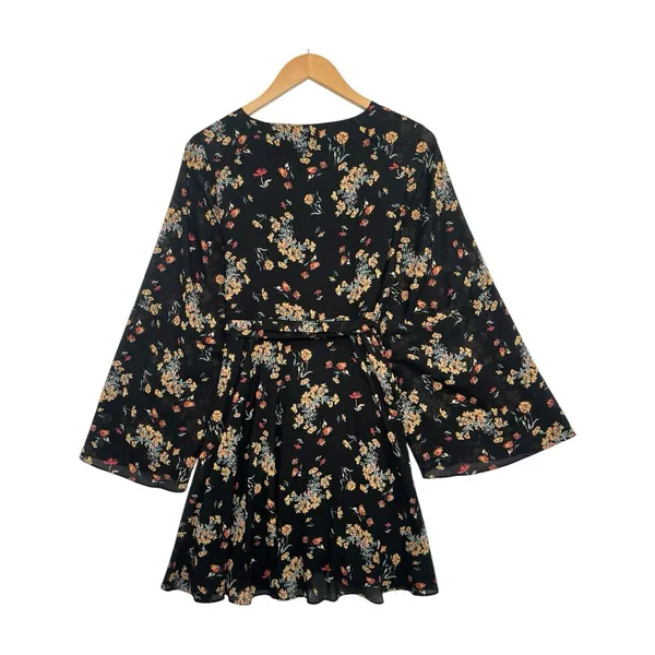 Free People Lilou Mini Dress Womens Medium Black Floral Kimono Boho Flowy - Image 3