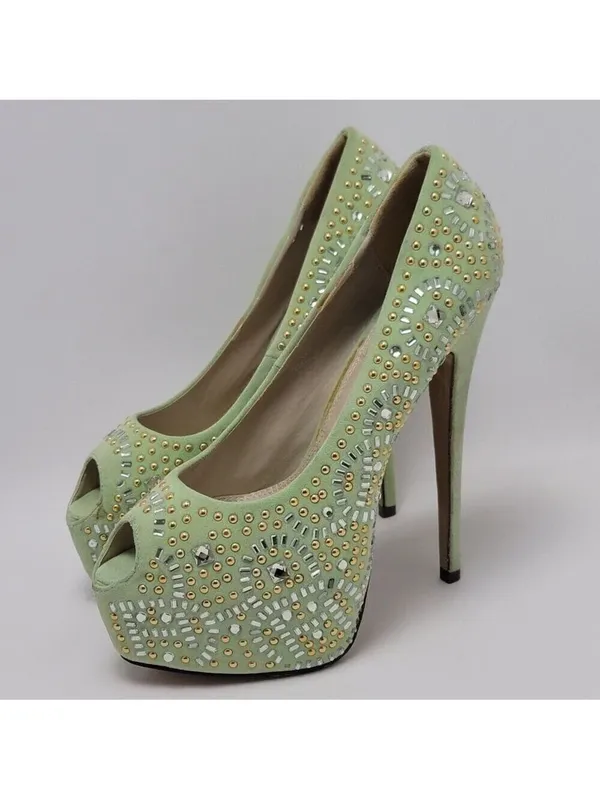 Kiss Kouture Celine Light Mint Green Peep Toe Beaded Platform Heels Size 8.5 - Image 6