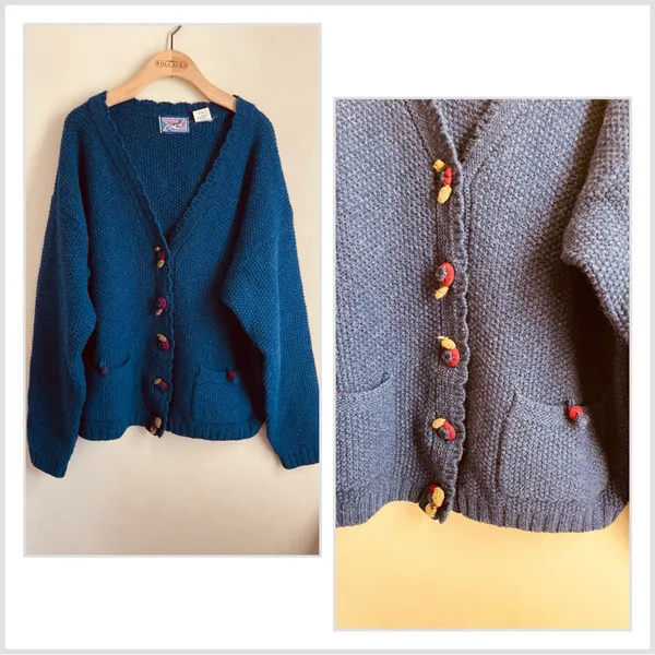 April Cornell Vintage Wool Cardigan Knit Sweater Blue Button Front sz L - Image 2