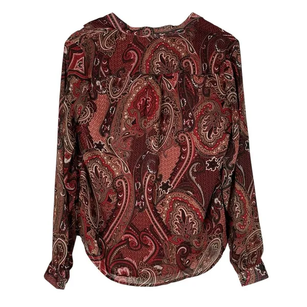 Premise Ruffle Tie Neck Paisley Print Blouse Red Brown Mature Lightweight Size S - Image 4